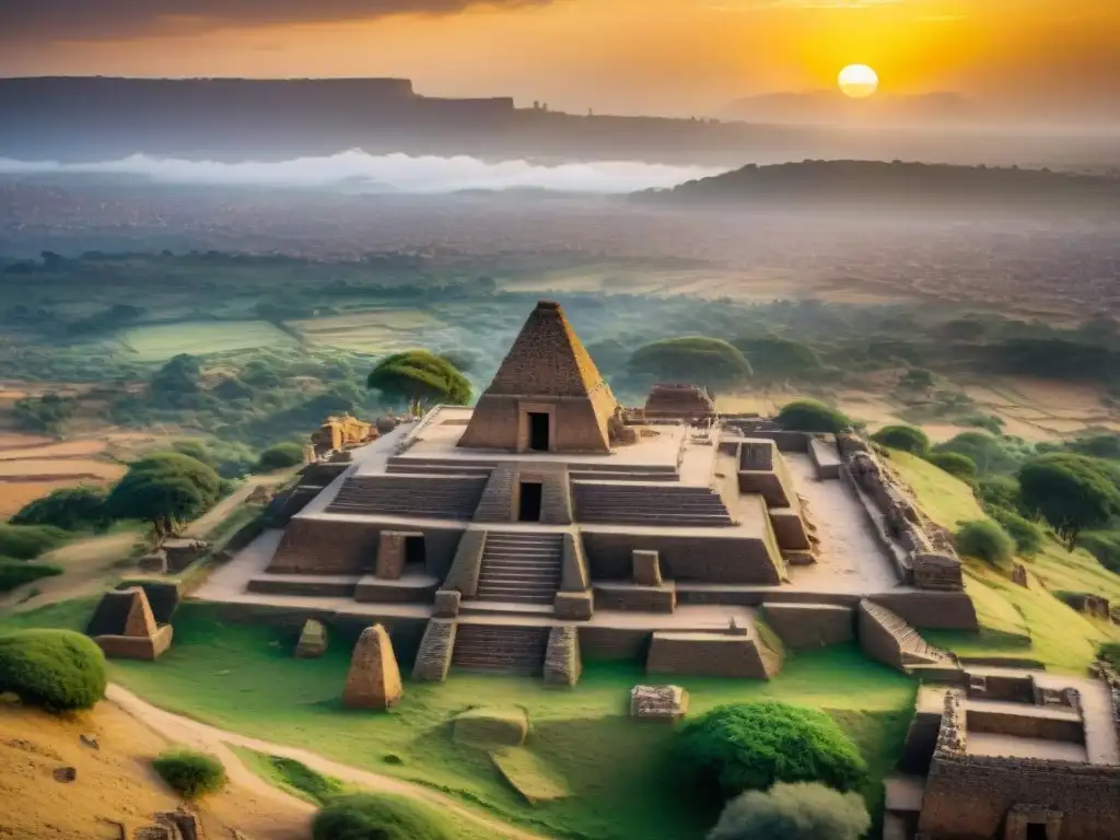 Ruinas antiguas de Aksum en Etiopía, con obeliscos y edificaciones de piedra, iluminadas por el cálido atardecer