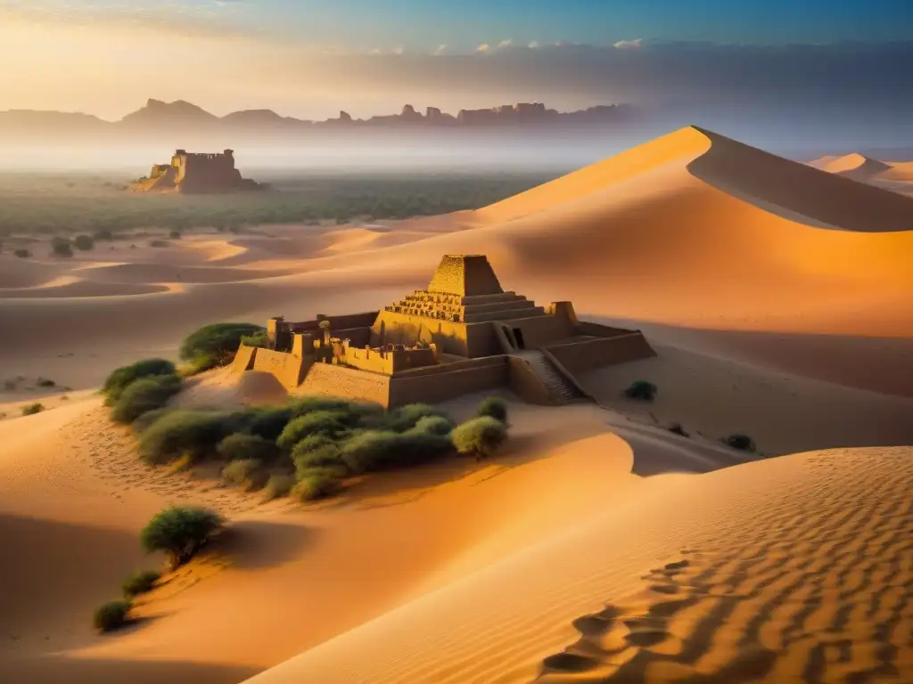 Ruinas antiguas de Sijilmasa al amanecer en el desierto del Sáhara, con sombras doradas y misterio