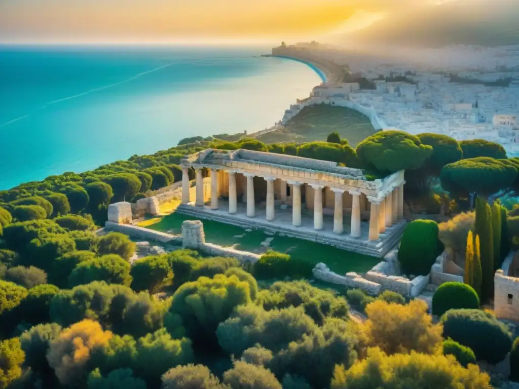 Explora las ruinas del antiguo imperio Cartago al atardecer, bañadas en luz dorada y junto al Mediterráneo