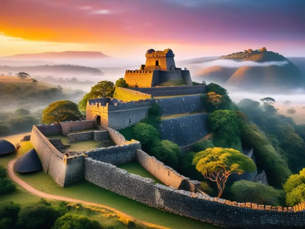 Ruinas de Great Zimbabwe al atardecer, destacando la arquitectura detallada ante un cielo naranja y rosado