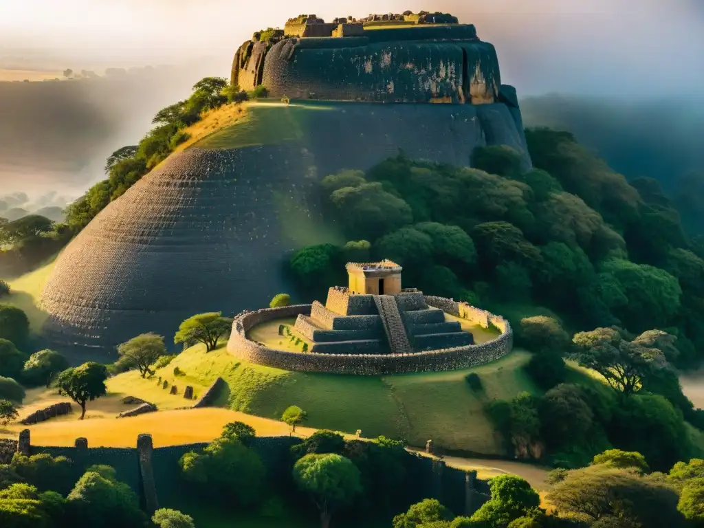 Ruinas de Great Zimbabwe bañadas por la cálida luz dorada, evocando misterio y nostalgia del declive reinos sur África consecuencias