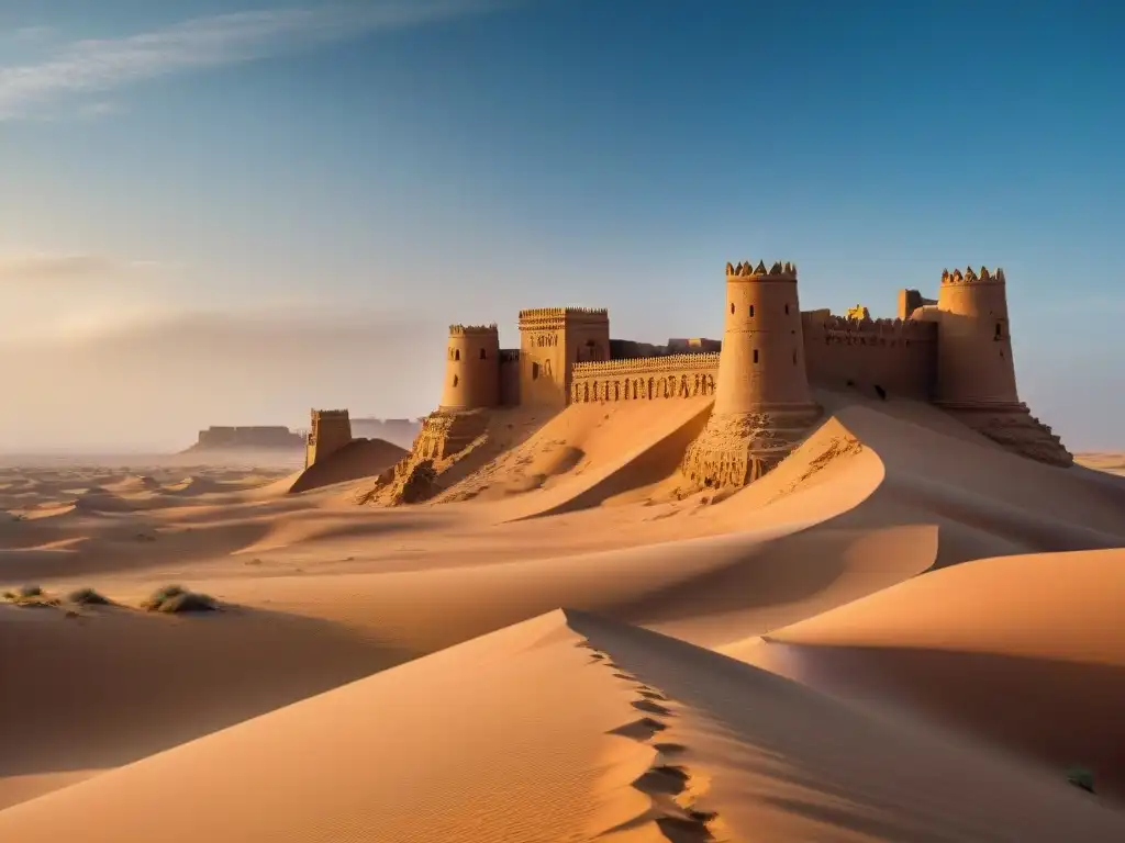 Ruinas de un castillo en el Sahara, con detallados grabados en piedra y un paisaje desértico