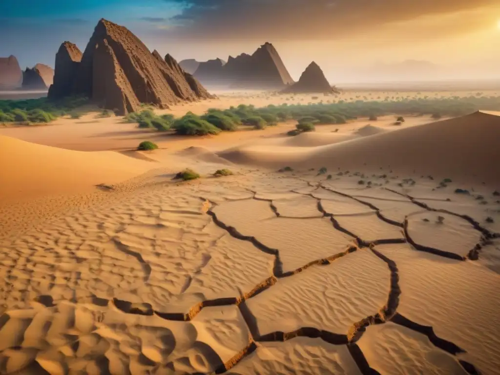 Ruinas de una civilización antigua en un paisaje desértico en Nubia, evidenciando el impacto del cambio climático en civilizaciones africanas