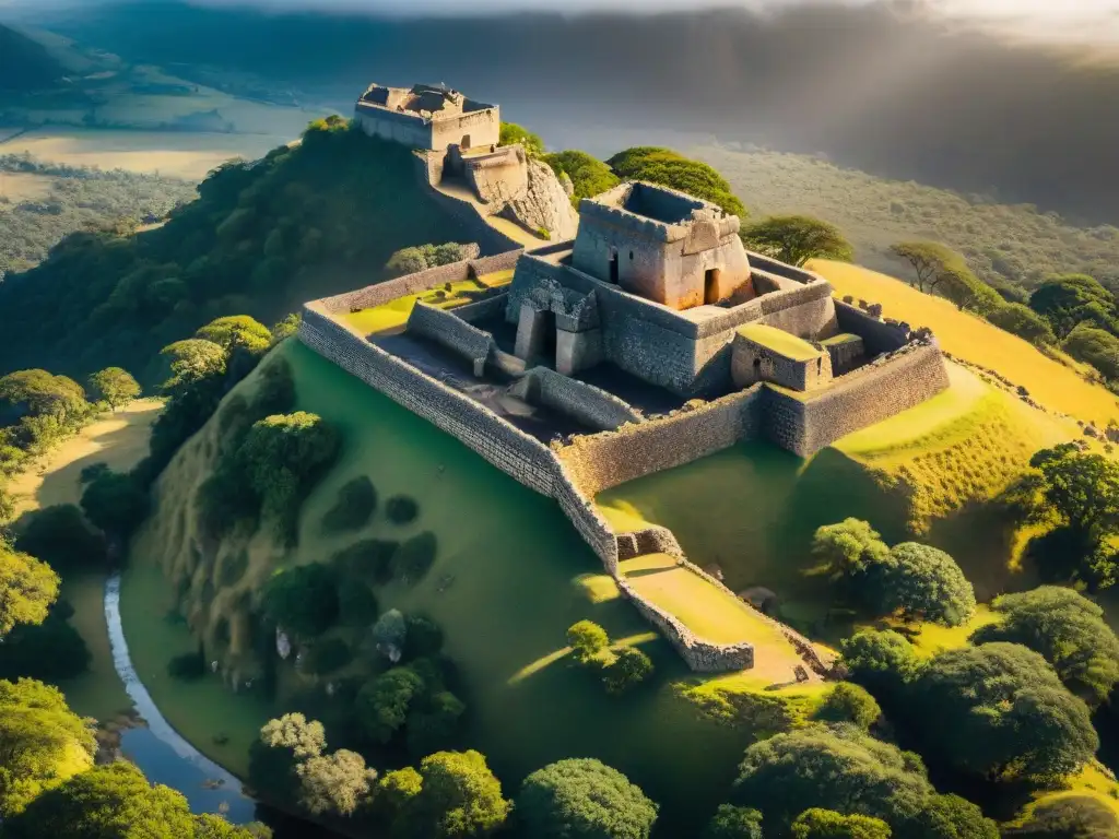 Ruinas de Great Zimbabwe, con detalles de la arquitectura y el sol creando sombras