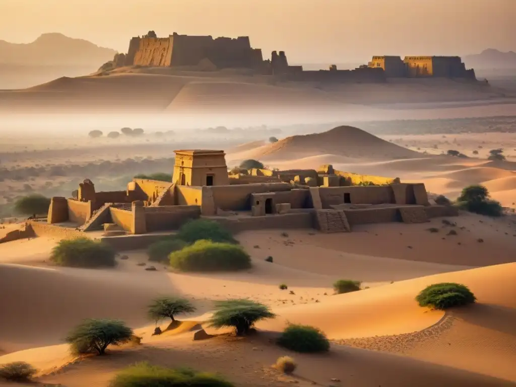 Ruinas doradas de Sijilmasa al atardecer en el Sahel África, destacando la rica historia de estas Ciudades de Oro