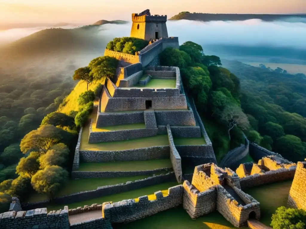 Ruinas del Gran Zimbabue al atardecer, mostrando estructuras de piedra con sombras alargadas