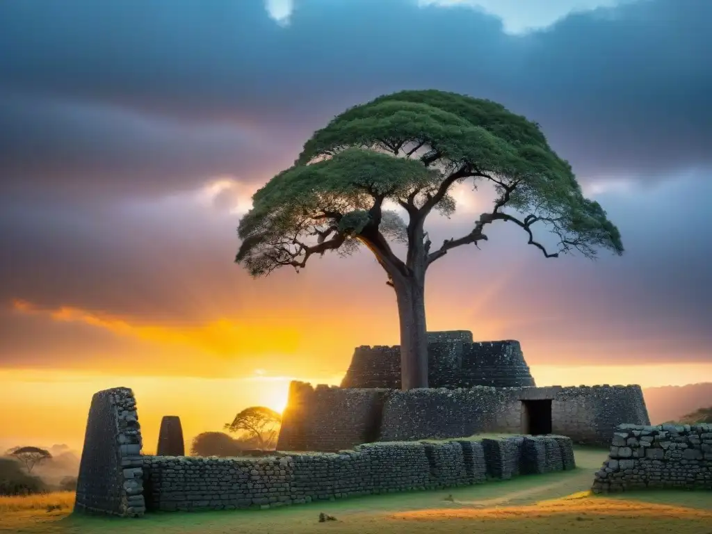 Ruinas del Gran Zimbabue al atardecer, mostrando estructuras de piedra contra un cielo vibrante y un árbol solitario