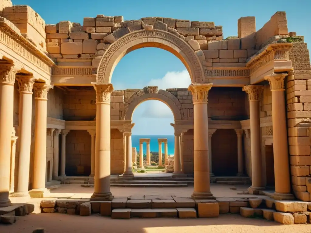 Ruinas impresionantes de Leptis Magna en Antigua Libia ciudades perdidas, con anfiteatro, columnas y grabados en paredes de piedra