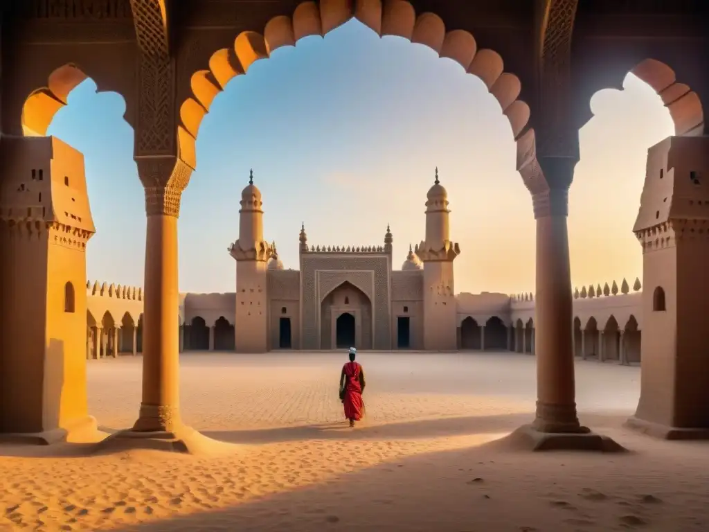 Ruinas majestuosas de la Gran Mezquita de Djenné en Mali al atardecer, reflejando la grandeza del imperio Songhai