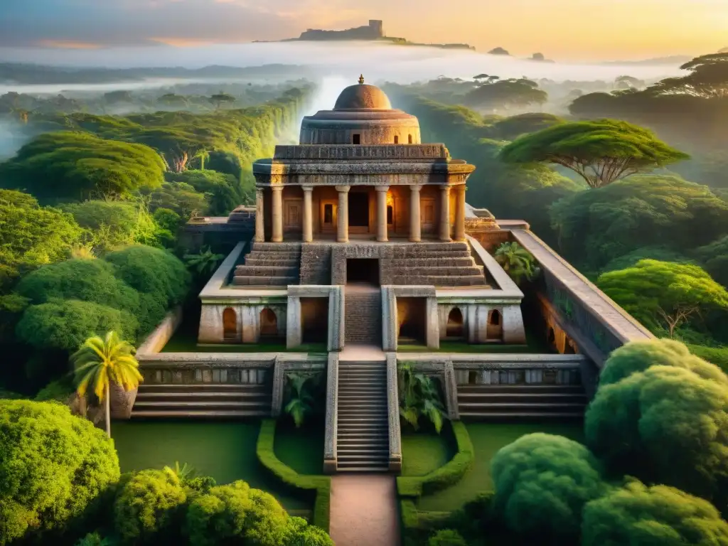 Ruinas majestuosas de un palacio africano antiguo con detalles tallados, arquitectura grandiosa y paisaje exuberante al atardecer