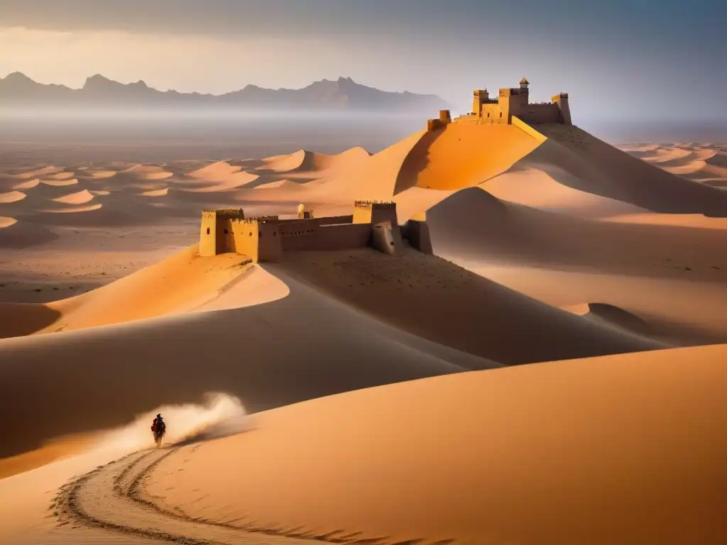 Ruinas de un majestuoso castillo antiguo en el desierto del Sahara, con muros de piedra intrincados y dunas doradas