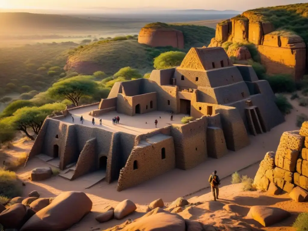 Ruinas de Mapungubwe al atardecer, destacando la influencia global de civilizaciones africanas en la historia