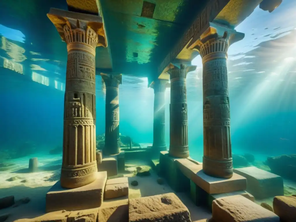 Ruinas sumergidas de Thonis-Heracleion, con artefactos egipcios antiguos y estatuas bajo el agua