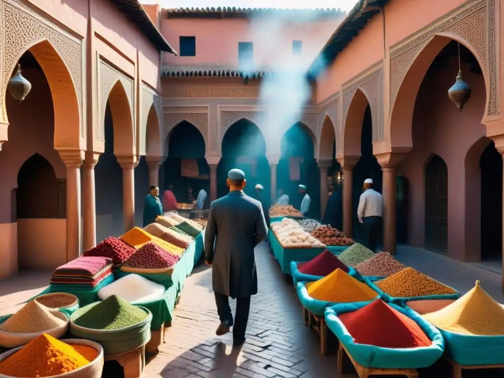 Rutas comerciales en África: Mercado vibrante y bullicioso en Marrakech, Marruecos, con colores y aromas exóticos