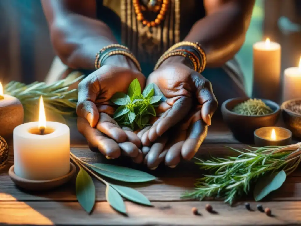 Las sabias manos del sanador africano ordenan hierbas y raíces en una mesa de madera, iluminadas por tenue luz de velas