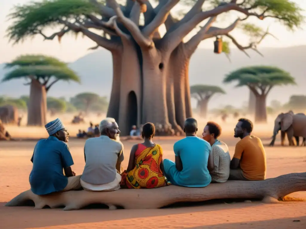 La sabiduría de la tradición oral de las civilizaciones africanas cobra vida bajo un baobab al atardecer