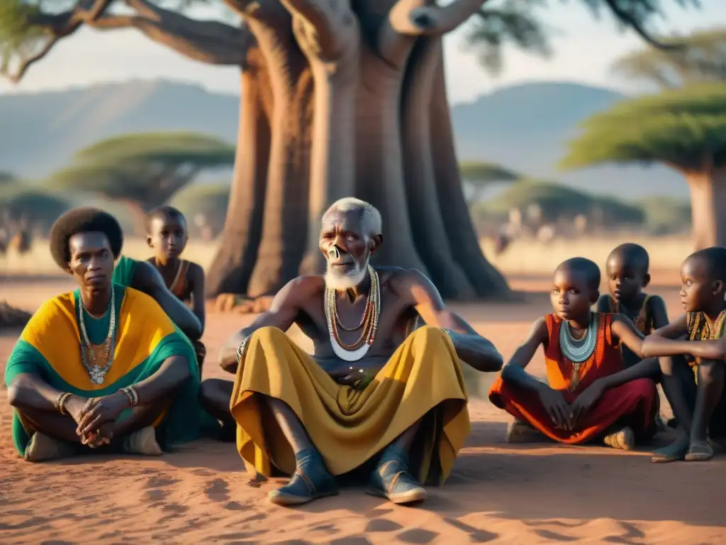 Un sabio griot africano narra relatos orales a niños bajo un baobab centenario