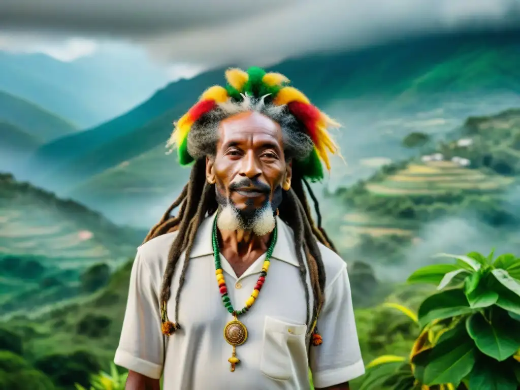 Un sabio anciano rastafari con dreadlocks majestuosos, vistiendo colores vibrantes, frente a una montaña verde en Jamaica