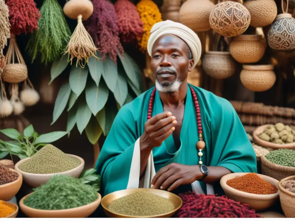 Un sabio de la medicina tradicional africana en un mercado vibrante, rodeado de hierbas y raíces coloridas, dialoga con personas de diversas culturas