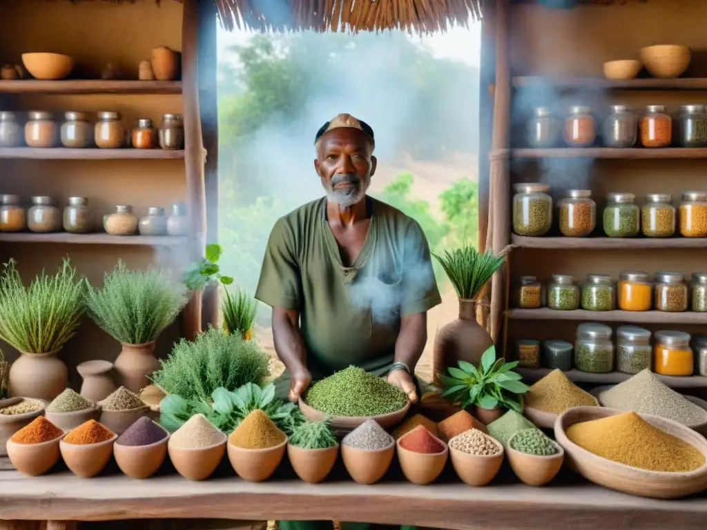 Un sabio sanador africano preparando plantas medicinales para tratar enfermedades, rodeado de coloridas hierbas y luz cálida