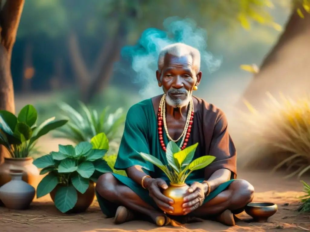 Un sabio sanador africano rodeado de plantas sagradas para la medicina tradicional africana, preparando una mezcla con cuidado bajo la suave luz del sol