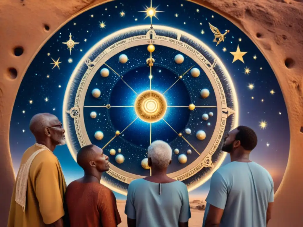 Sabios ancianos africanos discuten astrología bajo el cielo estrellado, conectando con las civilizaciones africanas y el cosmos