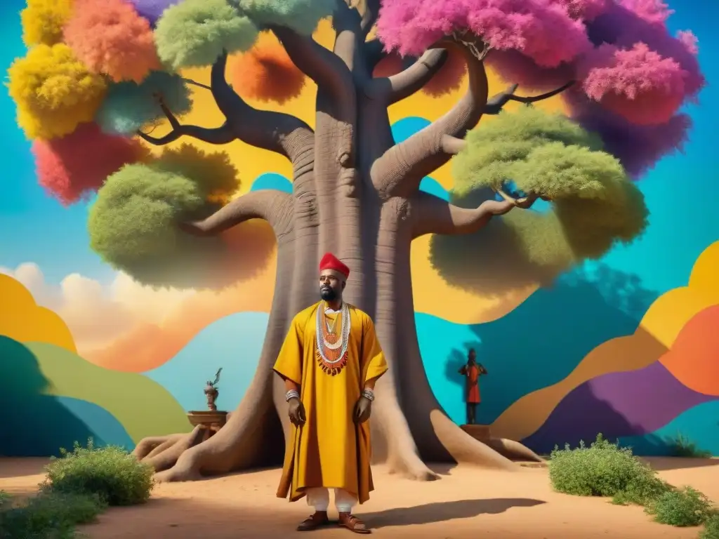 Un sacerdote Yoruba danza frente a un mural de Orishas bajo un baobab en Nigeria, fusionando arte religioso en civilizaciones africanas