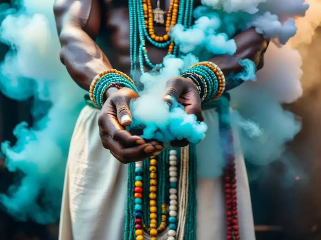 Un sacerdote vudú en África realiza un ritual con humo y símbolos, mostrando la esencia mística de las prácticas de vudú en África