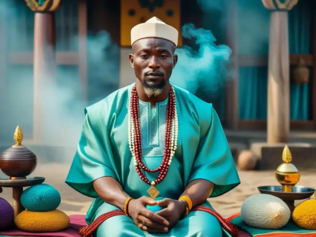 Un sacerdote Yoruba en atuendo tradicional realizando un ritual sagrado en Nigeria, rodeado de telas coloridas y símbolos sagrados