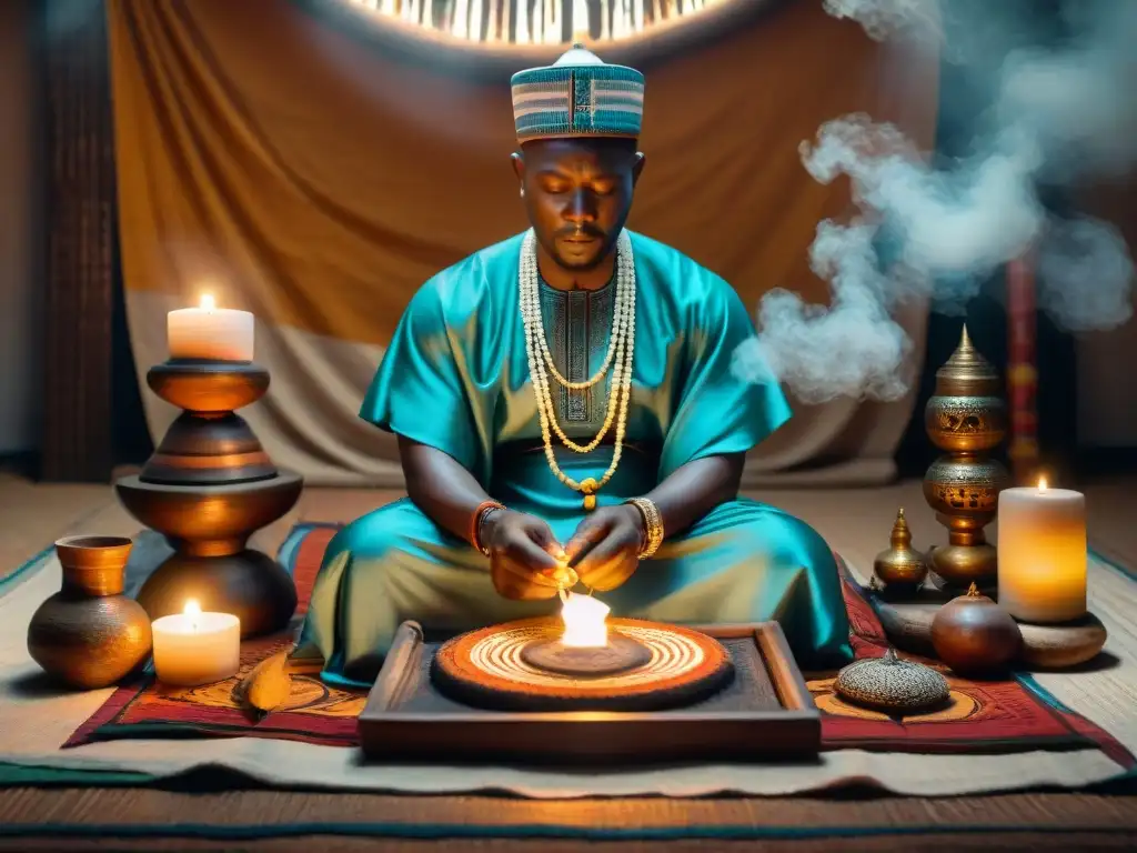 Un sacerdote Yoruba realiza una divinación Ifá en un entorno lleno de energía espiritual y sabiduría ancestral