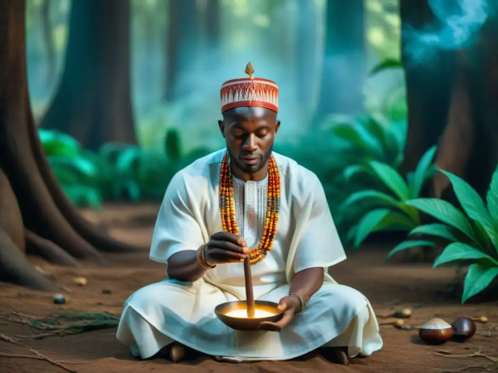 Sacerdote Yoruba en ritual con conchas de caracol y atuendo ceremonial vibrante en bosque sagrado