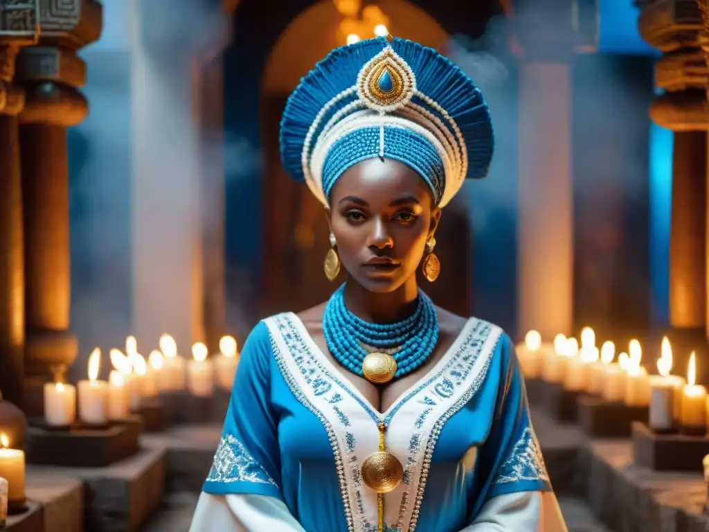 Una sacerdotisa de Candomblé en traje blanco y azul, danzando en un templo iluminado por velas