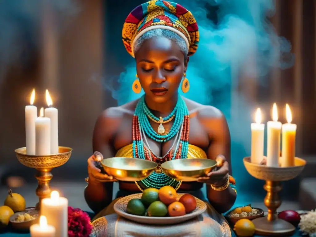 Una sacerdotisa Yoruba en Nigeria realiza un ritual sagrado, rodeada de velas y ofrendas, reflejando la influencia religiosa diáspora africana