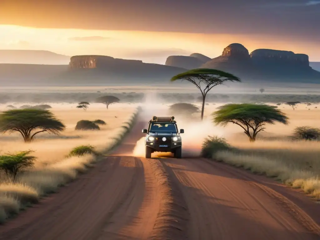 Safari solitario explorando caminos desconocidos en África al atardecer