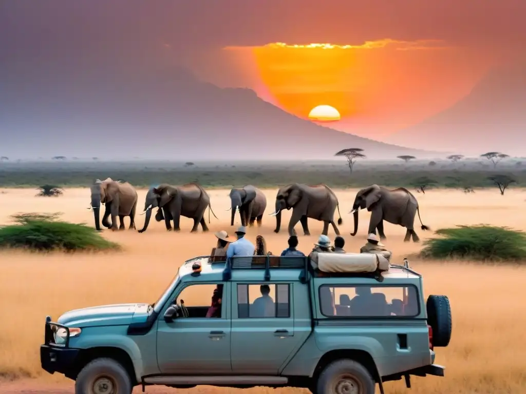 Un safari en África: turistas asombrados ante majestuosa manada de elefantes al atardecer