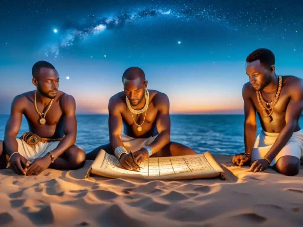 Sailors africanos navegando bajo un cielo estrellado con herramientas antiguas