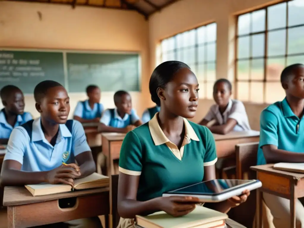 Salón de clases en África con plataformas de IA para educación, alumnos diversos y luz natural