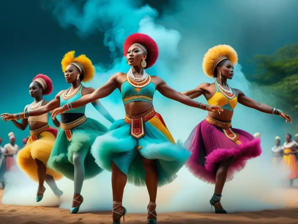 Un salto vibrante: bailarines en trajes africanos tradicionales exhiben la energía y la pasión de las tradiciones diáspora africana influencia global