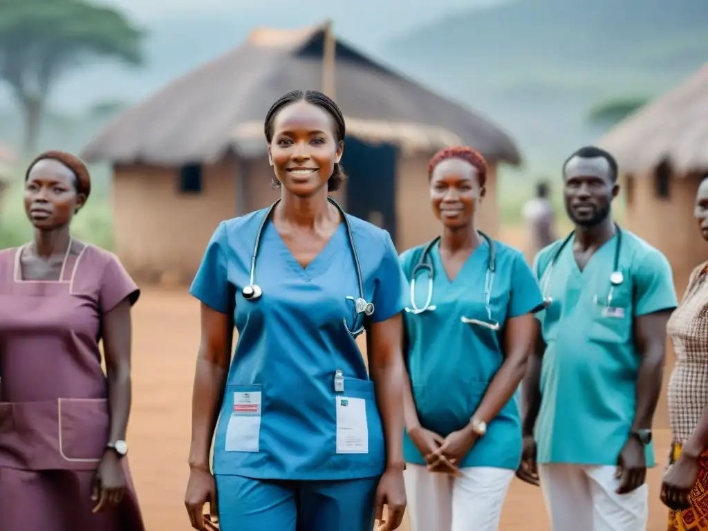 Salud digital en África, inversiones innovadoras: trabajadores de la salud en una aldea africana usando tecnología para consultas médicas