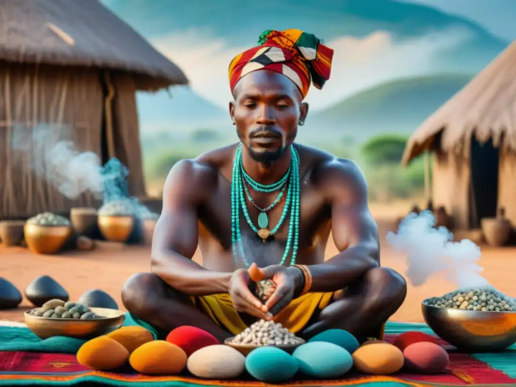 Sanación africana tradicional con minerales y piedras para beneficios terapéuticos en un ambiente rural