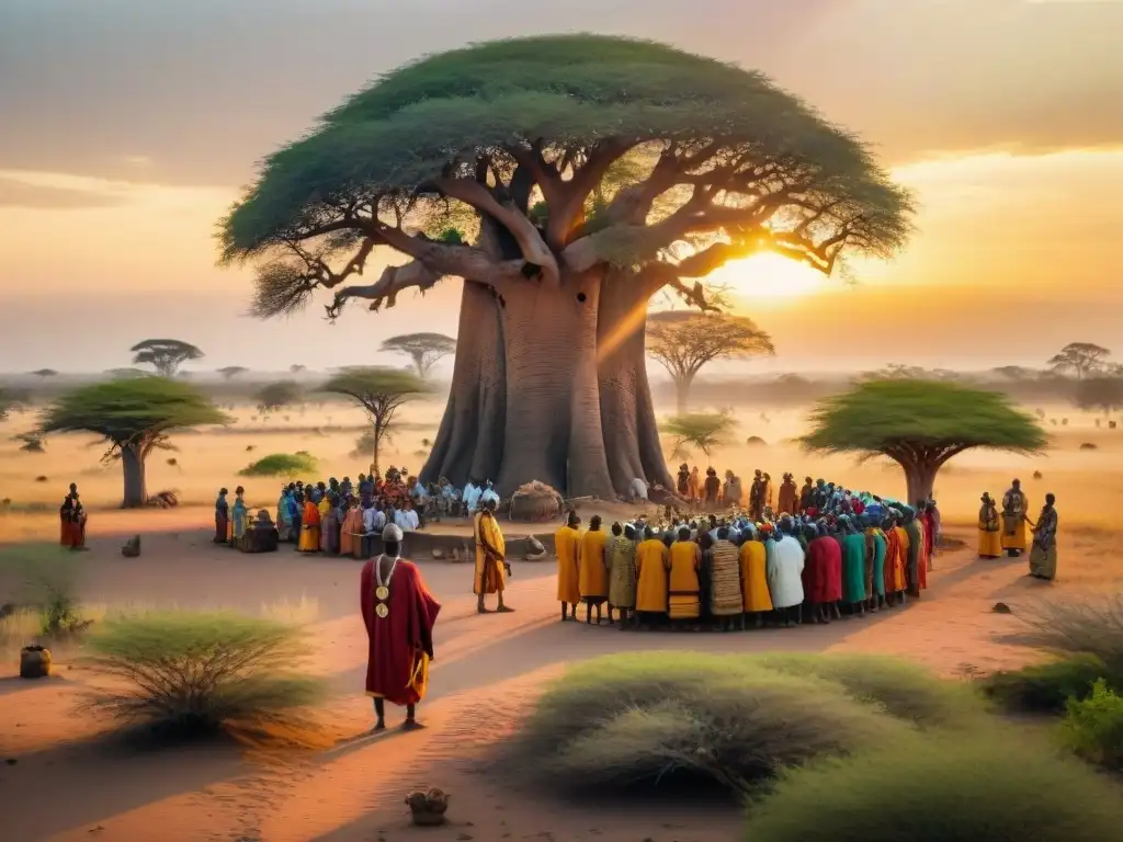 Sanación ancestral en África: Curanderos realizan ritual al amanecer bajo un baobab con hierbas medicinales