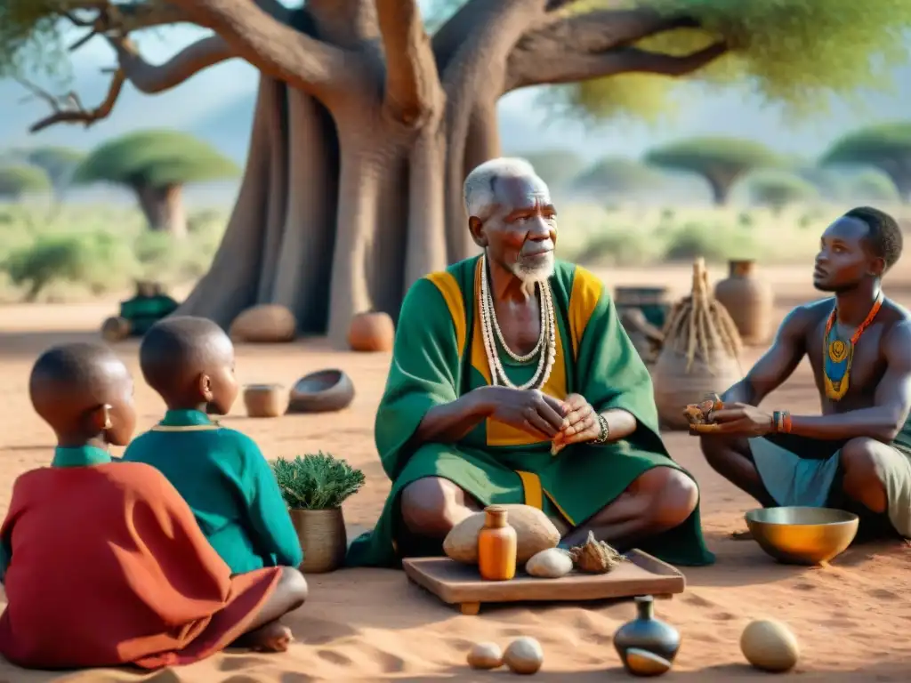 Un sanador africano anciano comparte sabiduría ancestral sobre medicina tradicional africana con estudiantes bajo un baobab