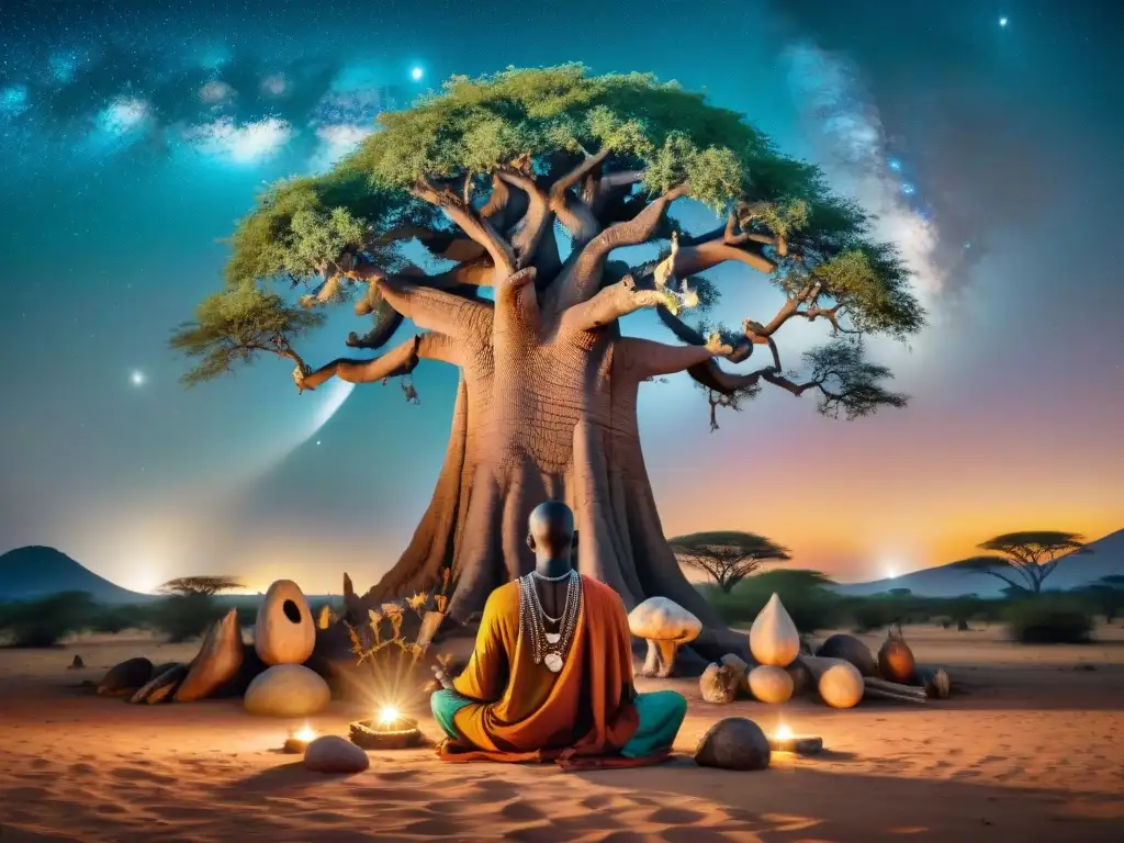 Un sanador africano bajo un Baobab, en profunda concentración bajo la influencia astrología prácticas espirituales africanas