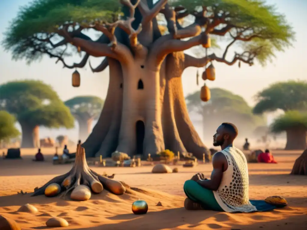 Un sanador africano interpreta sueños bajo un baobab, rodeado de elementos simbólicos