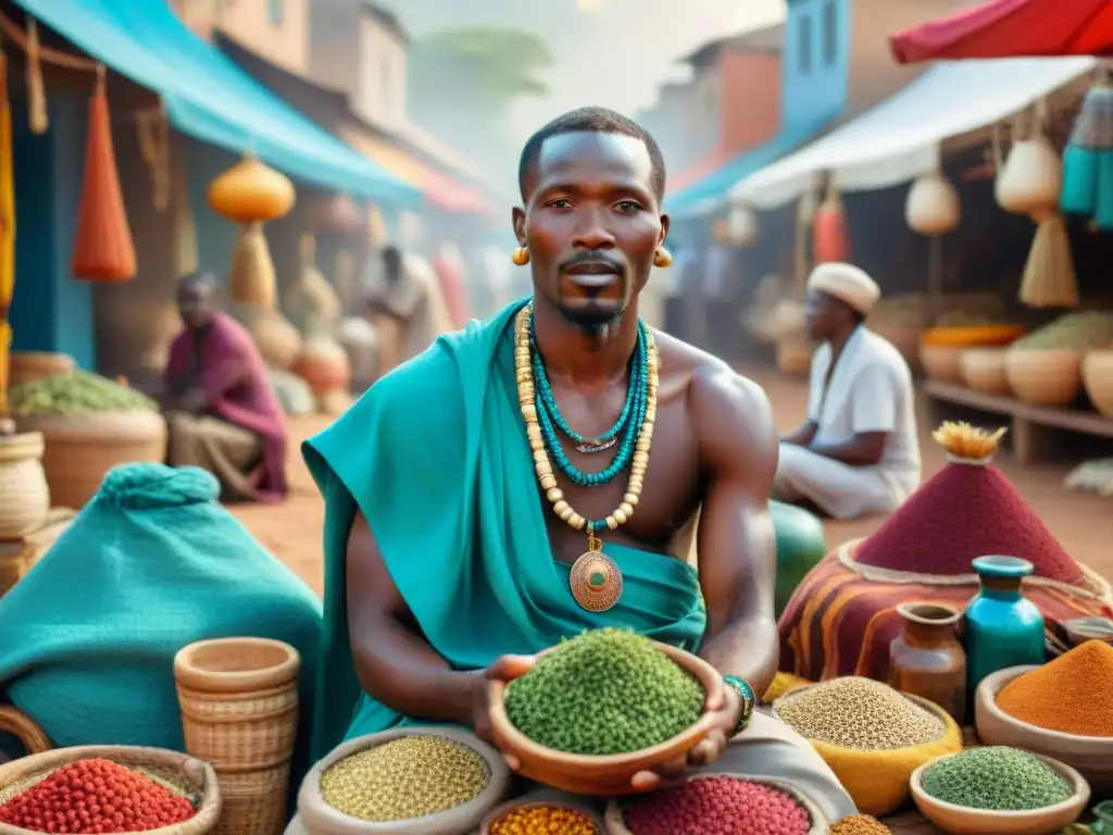 Un sanador africano en un bullicioso mercado, con hierbas y pacientes