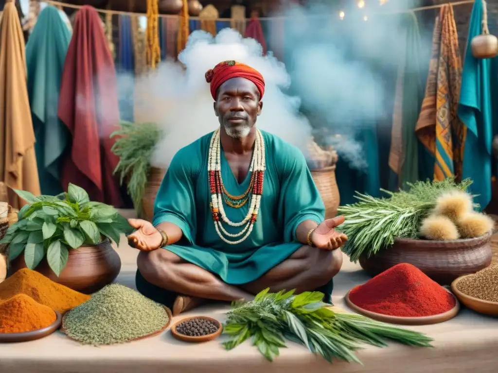 Un sanador africano realiza una ceremonia en un animado mercado, rodeado de hierbas, raíces y telas coloridas