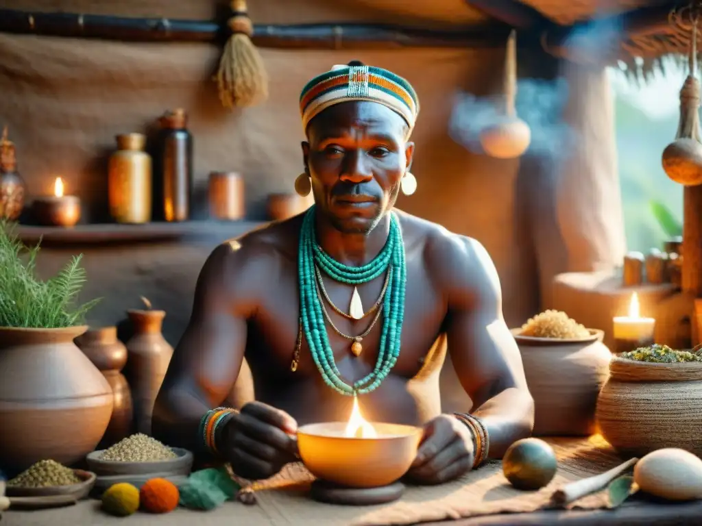 Un sanador africano en su choza, preparando una medicina tradicional africana con conocimientos ancestrales