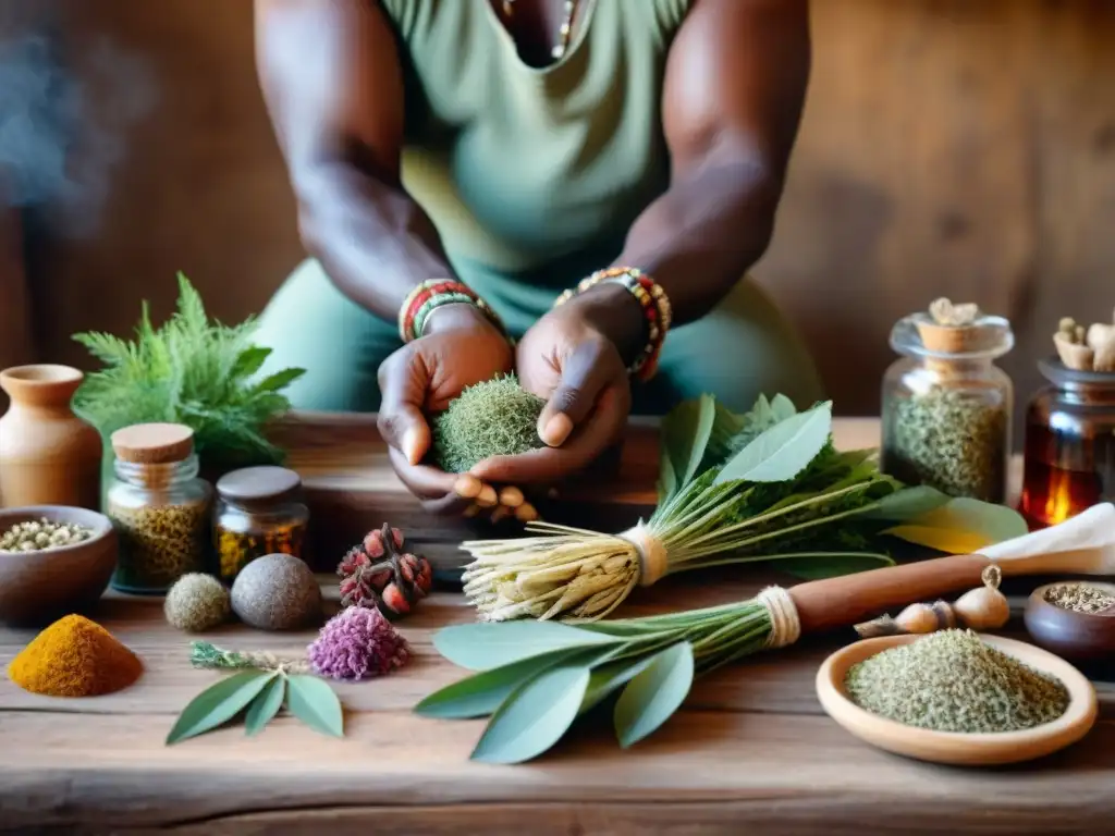 Un sanador africano selecciona hierbas medicinales coloridas para preparar remedios naturales