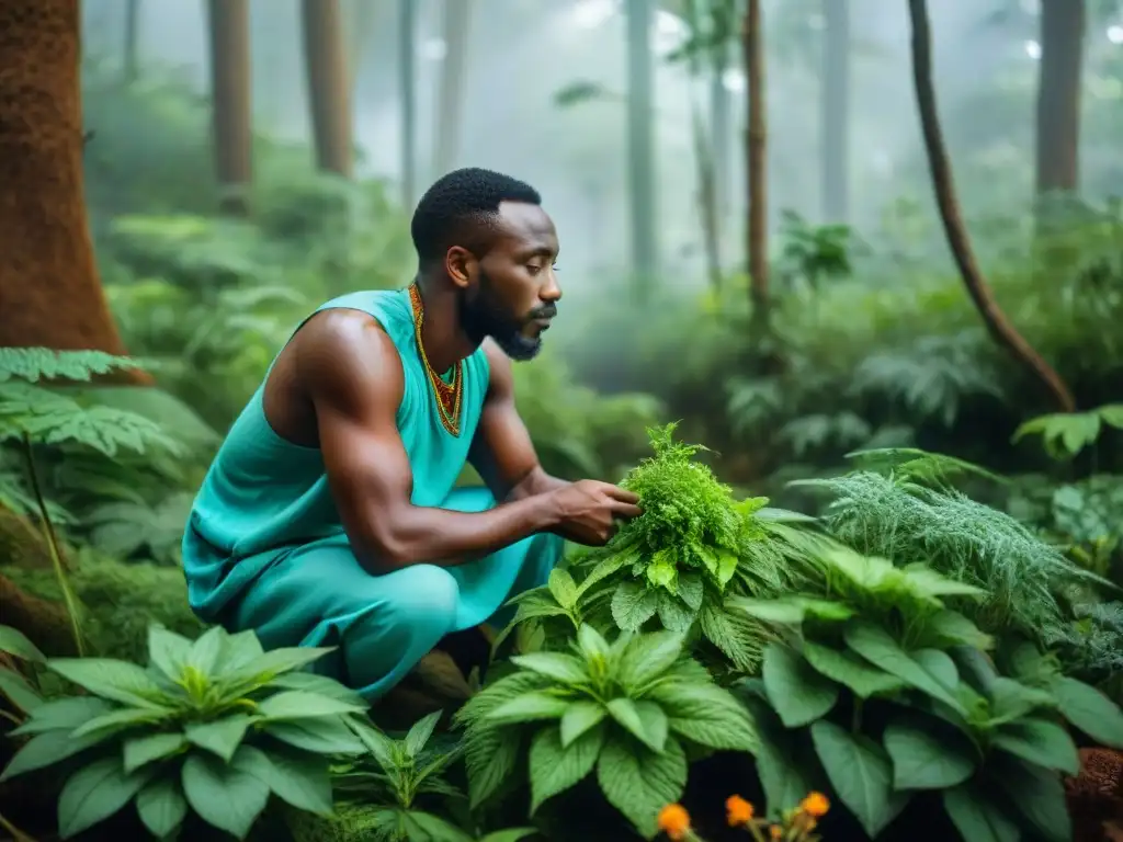 Un sanador africano recolectando hierbas medicinales en un exuberante bosque, conectado con la naturaleza