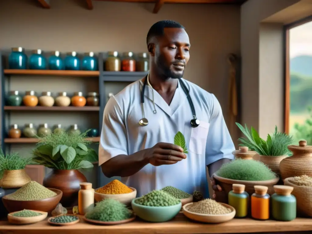 Un sanador africano selecciona hierbas y raíces, con equipo médico moderno de fondo